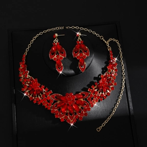 Luxury gold plated jewelry set with red crystals for wedding and evening dress accessories