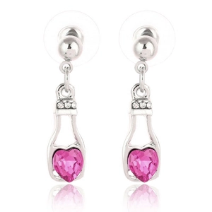 Roze hart kristallen fles hanger oorbellen van zilver metaal met kleine strassteentjes
