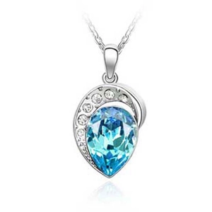 Elegant pear-cut blue crystal pendant necklace with micropave halo in silver finish