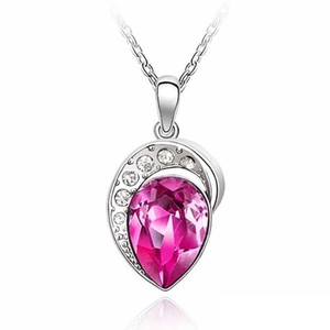 Elegant silver alloy necklace with a large pear-shaped fuchsia crystal heart pendant