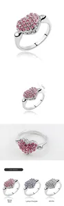 Detailed size comparison of three heart rings in rose red, purple and white colors