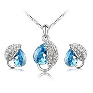 Elegante sieradenset met acaciablad en zeeblauwe kristallen en zilveren ketting