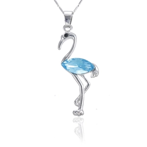 Detailed view of flamingo pendant necklace with blue marquise-cut crystal in silver finish