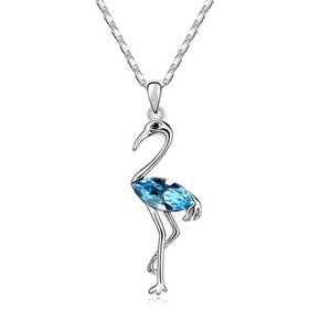 Elegant silver flamingo pendant necklace with a large marquise-cut blue crystal gemstone