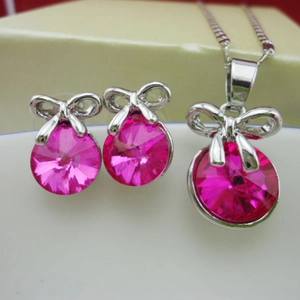 Ensemble de Bijoux en Alliage Nœud et Cristal pour Femme Collier Pierre en Verre Ronde et Boucles d'Oreilles Mode Fête