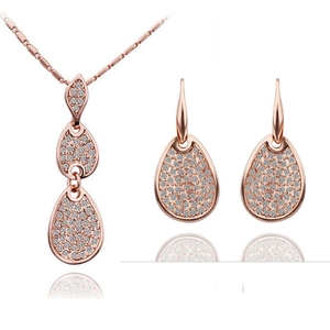 Elegante Roségoud Zilver Vergulde Legering Druppel Hanger Ketting Oorbellen Ring Sieraden Voor Vrouwen Strass Versierde Accessoire