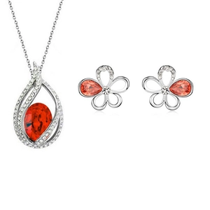 Parure de bijoux en argent avec collier goutte rouge et boucles d'oreilles fleurs chic