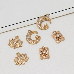Micro-pave zircon moon and floral charms for DIY jewelry making in gold plating