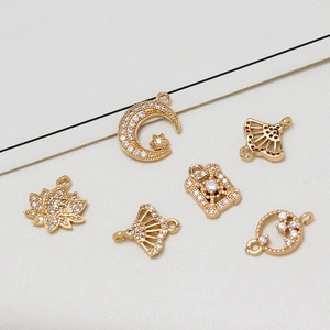 Zirconia inlaid brass pendants set with moon, fan and floral shapes for DIY jewelry