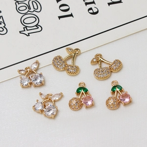 Exquisite copper cherry fruit pendants with micro-pave cubic zirconia for DIY jewelry making