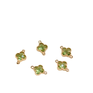 Five green crystal four-leaf clover connectors with gold plating for DIY jewelry making