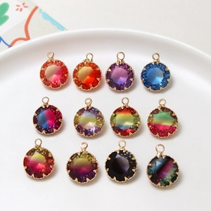 Copper Gold Plated Round Faceted Gradient Glass Pendant For DIY Jewelry Making Vintage Earrings Hairpin Accessories Pendant Only