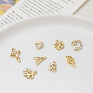 Micro-set zircon gold charms in cross and flower shapes for DIY nail art and jewelry