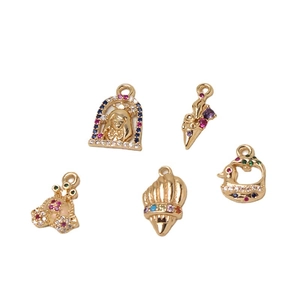 Set of five gold plated copper pendants with colorful zircon inlays for jewelry making