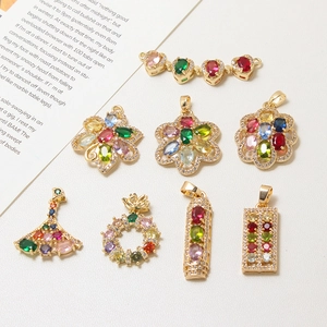 Kupfer Echt Vergoldet Bunt Strass Blume Hohl Fächerförmig Anhänger Für DIY Ohrring Halskette Schmuckherstellung Zubehör