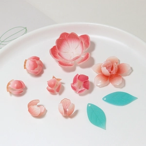 Pink gradient resin camellia flower and green leaf charms for DIY hanfu hair accessories