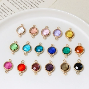 Set of 17-color 10mm faceted glass birthstone connectors with gold-plated double loops