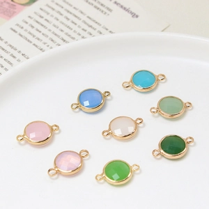 Set of 8 colorful 10mm round birthstone pendants with gold plated double loop connectors