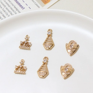 Golden crown and heart charms with micro-pave cubic zirconia for DIY jewelry making