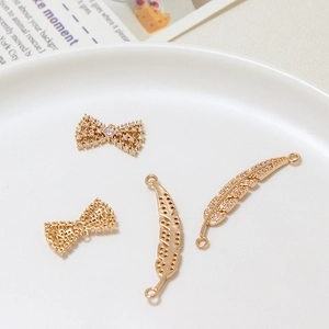 Golden brass crown leaf and bow pendants with micro-pave zircons for DIY jewelry making