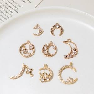 Golden moon and star jewelry pendants set with micro-pave zircons for DIY jewelry making