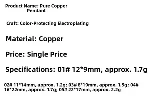 Specifications chart for copper pendant charms showing dimensions and weight for five sizes