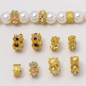 Cuentas Espaciadoras de Flores de Aleación Vintage Chapado en Oro Perla Artificial Strass Esmalte DIY Joyería Pulsera