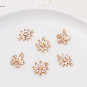 Gold-plated daisy flower charms with cubic zirconia for DIY jewelry making