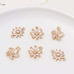 Golden flower pendants with cubic zirconia for DIY jewelry earrings and necklaces