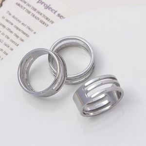 Three-piece set of minimalist stainless steel open rings with triple-layer parallel line design