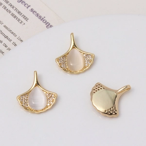 Echt Vergoldet Kupfer Ginkgo Blatt Anhänger Mit Tränen Katzenaugenstein Mikro Strass Zirkon DIY Schmuckherstellung Accessoires Nur Anhänger Ohne Kette