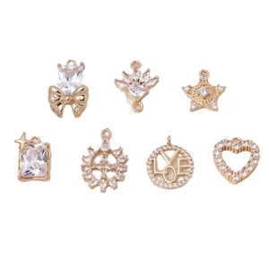 7Pcs set of crystal bow and heart charms for DIY necklaces with gold plated finish