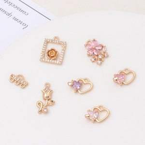 DIY rose and heart gold pendants with inlaid colorful zircons for jewelry making