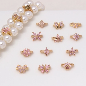 Gold-plated DIY flower and butterfly spacers with pink cubic zirconia for jewelry making