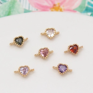 Six colors of heart-shaped zircon connectors with gold bead borders for DIY jewelry making