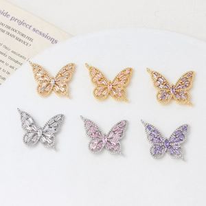 Colgantes de mariposa huecos con circonita para creación de joyas DIY en oro y plata