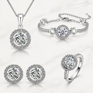 Elegant halo set jewelry set with cubic zirconia necklace bracelet earrings and ring