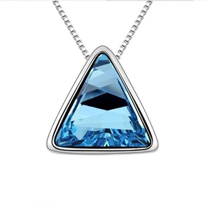 Fashionable blue triangle crystal pendant necklace with elegant silver box chain link
