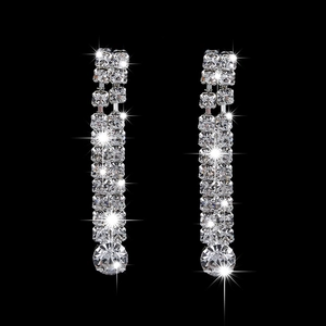 Pendientes largos de cristal para novia en aleación de plata y brillantes de imitación