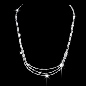 Sparkling multi-layer rhinestone necklace with triple-curved silver chains for women