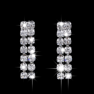 Elegant silver-toned double-row rhinestone dangle earrings for women with a sparkling finish