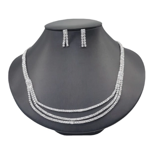 Three-layer silver rhinestone tennis necklace and double-row drop earrings jewelry set