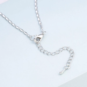 Detail van zilveren karabijnsluiting en verlengketting met een waterdruppel hanger