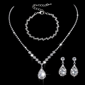 Elegant silver-tone waterdrop jewelry set with sparkling rhinestones and matching earrings