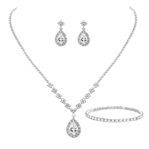 Conjunto de joyas de novia en plata con collar de circonitas, pendientes y pulsera
