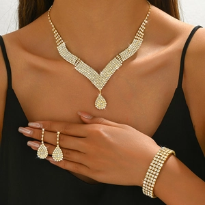 Luxus Kupfer Strass Hochzeit Schmuckset Halskette Ohrringe Armband Ring Für Braut Bankett Party Damen Schmuck
