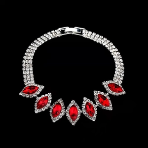 Bridal wedding silver necklace with rows of sparkling rhinestones and red marquise stones