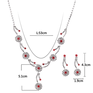 Silver claw chain jewelry set with red crystal floral necklace and earrings 53cm