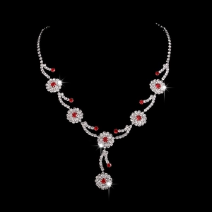 Silver flower bridal jewelry set with red ruby crystals and sparkling rhinestones