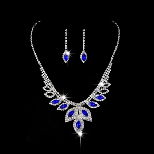 Elegant bridal jewelry set with navy blue marquise crystals and rhinestones on black background